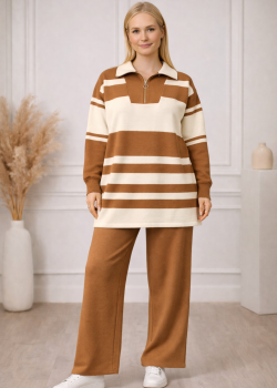 طقم تريكو نسائي عصري قطعتين مخطط بياقة سحاب 4209  - عسلي