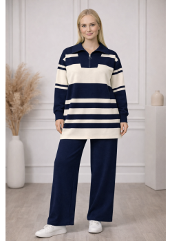 طقم تريكو نسائي عصري قطعتين مخطط بياقة سحاب 4209  - كحلي