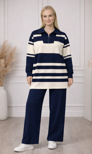 Women's Modern Two-Piece Striped Knitwear Set with Zip Collar 4209  - deep blue