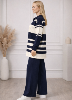 طقم تريكو نسائي عصري قطعتين مخطط بياقة سحاب 4209  - كحلي