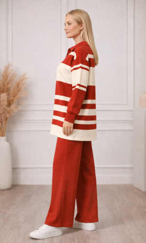 Women's Modern Two-Piece Striped Knitwear Set with Zip Collar 4209  - red