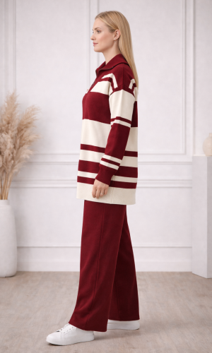 طقم تريكو نسائي عصري قطعتين مخطط بياقة سحاب 4209  - خمري