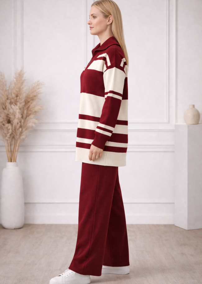 4209 طقم تريكو مقلم عريض  - خمري