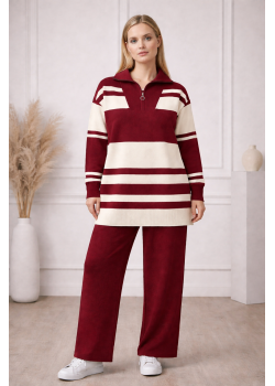 طقم تريكو نسائي عصري قطعتين مخطط بياقة سحاب 4209  - خمري