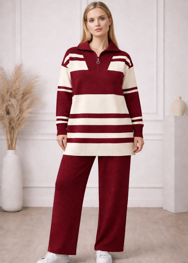 4209 طقم تريكو مقلم عريض  - خمري