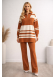 Women's Modern Two-Piece Striped Knitwear Set with Zip Collar 4209  - tan