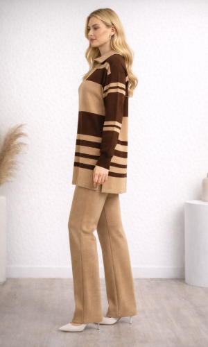 Women's Modern Two-Piece Striped Knitwear Set with Zip Collar 4209  - ivory