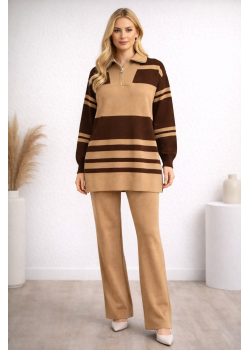 طقم تريكو نسائي عصري قطعتين مخطط بياقة سحاب 4209 - شوكو