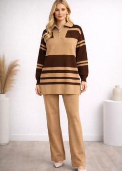 طقم تريكو نسائي عصري قطعتين مخطط بياقة سحاب 4209 - شوكو