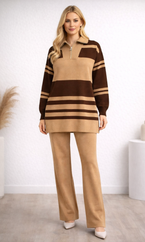 Women's Modern Two-Piece Striped Knitwear Set with Zip Collar 4209  - ivory