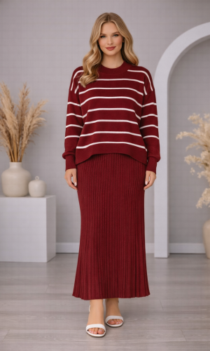 Elegant Women's Two-Piece Striped Knit Dress Set 4210  - burgundy