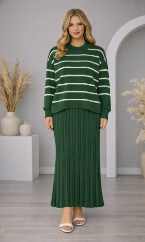 فستان تريكو نسائي راقٍ قطعتين مخطط 4210  - زيتي