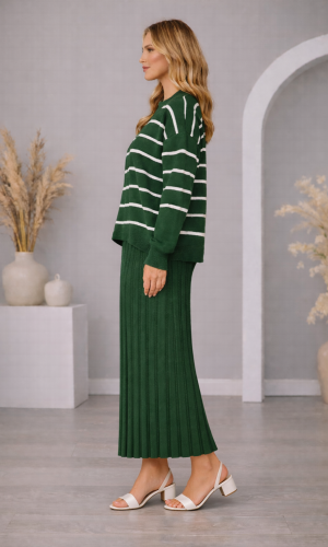 فستان تريكو نسائي راقٍ قطعتين مخطط 4210  - زيتي