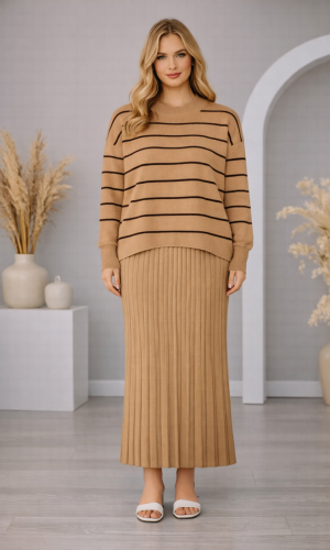 Elegantes zweiteiliges Damen-Strickkleid gestreift 4210  - Mausgrau