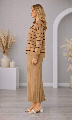 Elegantes zweiteiliges Damen-Strickkleid gestreift 4210  - Mausgrau