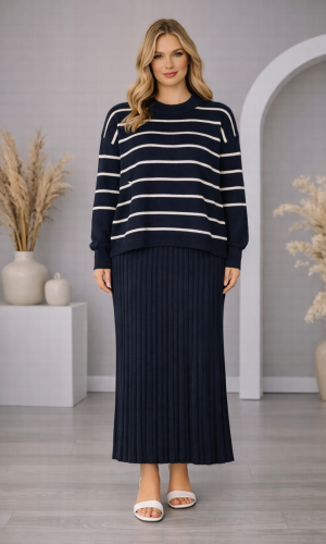 Elegant Women's Two-Piece Striped Knit Dress Set 4210  - deep blue