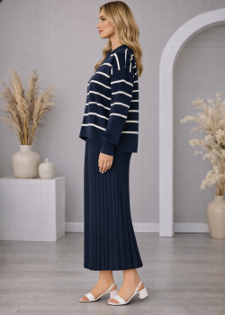 فستان تريكو نسائي راقٍ قطعتين مخطط 4210  - كحلي