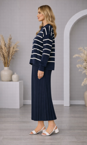 Elegant Women's Two-Piece Striped Knit Dress Set 4210  - deep blue