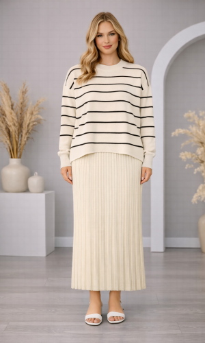 فستان تريكو نسائي راقٍ قطعتين مخطط 4210  - بيج