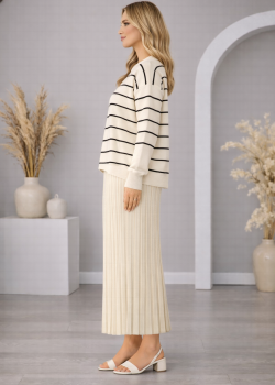 فستان تريكو نسائي راقٍ قطعتين مخطط 4210  - بيج