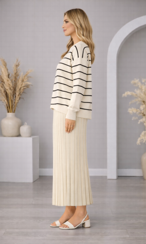 فستان تريكو نسائي راقٍ قطعتين مخطط 4210  - بيج