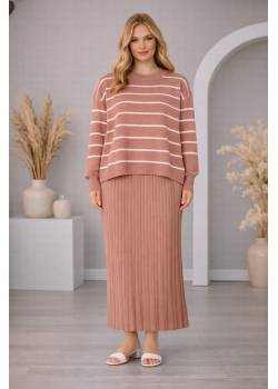 فستان تريكو نسائي راقٍ قطعتين مخطط 4210  - زهر