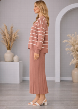 فستان تريكو نسائي راقٍ قطعتين مخطط 4210  - زهر