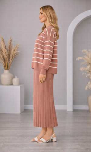 فستان تريكو نسائي راقٍ قطعتين مخطط 4210  - زهر