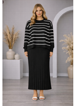 فستان تريكو نسائي راقٍ قطعتين مخطط 4210  - اسود