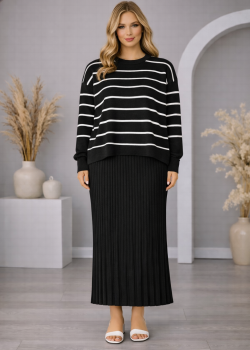 فستان تريكو نسائي راقٍ قطعتين مخطط 4210  - اسود