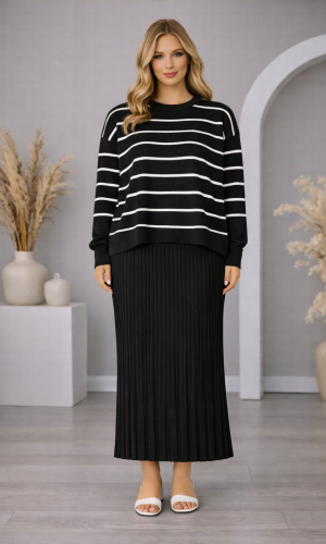 فستان تريكو نسائي راقٍ قطعتين مخطط 4210  - اسود