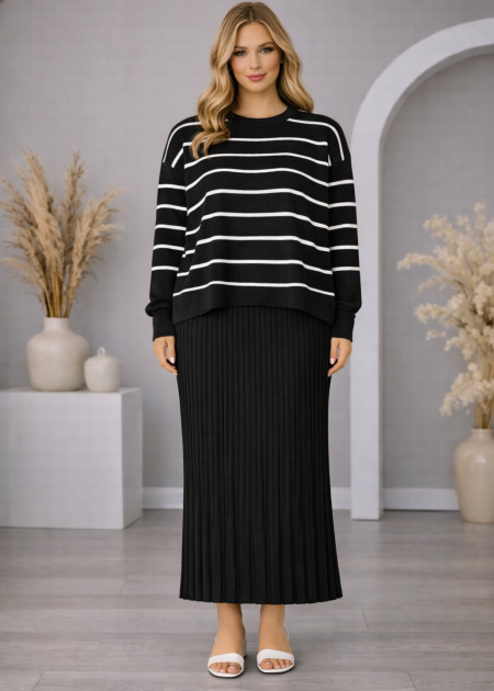 knit dress set womens Elegant Women's Two-Piece Striped 4210 - black - OUTER WEAR - Moda Mix Kate-1025