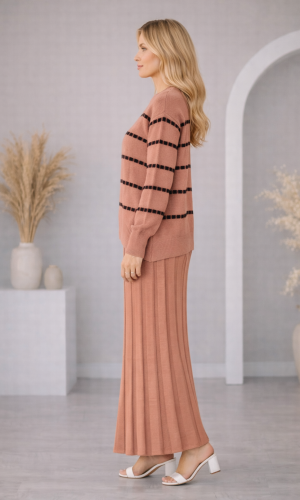 فستان تريكو قطعتين ياقة مدورة 4211  - زهر