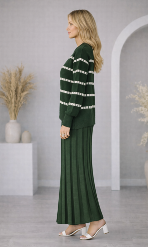 فستان تريكو قطعتين ياقة مدورة 4211  - زيتي