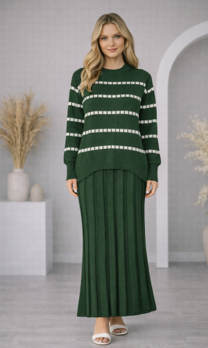 فستان تريكو قطعتين ياقة مدورة 4211  - زيتي