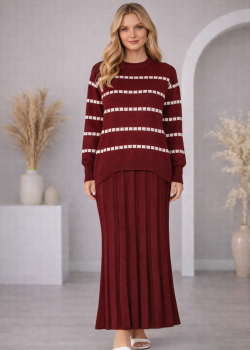 فستان تريكو قطعتين ياقة مدورة 4211  - خمري