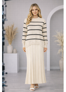 فستان تريكو قطعتين ياقة مدورة 4211  - بيج