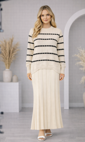 فستان تريكو قطعتين ياقة مدورة 4211  - بيج