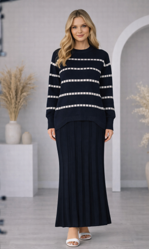 فستان تريكو قطعتين ياقة مدورة 4211  - كحلي