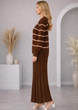 فستان تريكو قطعتين ياقة مدورة 4211  - بني