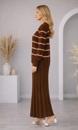 فستان تريكو قطعتين ياقة مدورة 4211  - بني