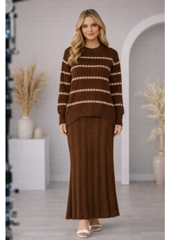 فستان تريكو قطعتين ياقة مدورة 4211  - بني