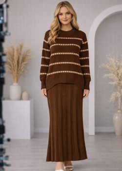 فستان تريكو قطعتين ياقة مدورة 4211  - بني