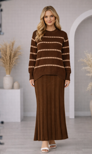 فستان تريكو قطعتين ياقة مدورة 4211  - بني