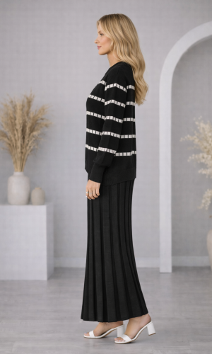 فستان تريكو قطعتين ياقة مدورة 4211  - اسود