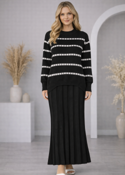 فستان تريكو قطعتين ياقة مدورة 4211  - اسود