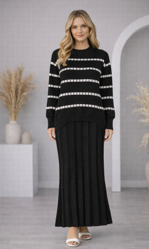 فستان تريكو قطعتين ياقة مدورة 4211  - اسود