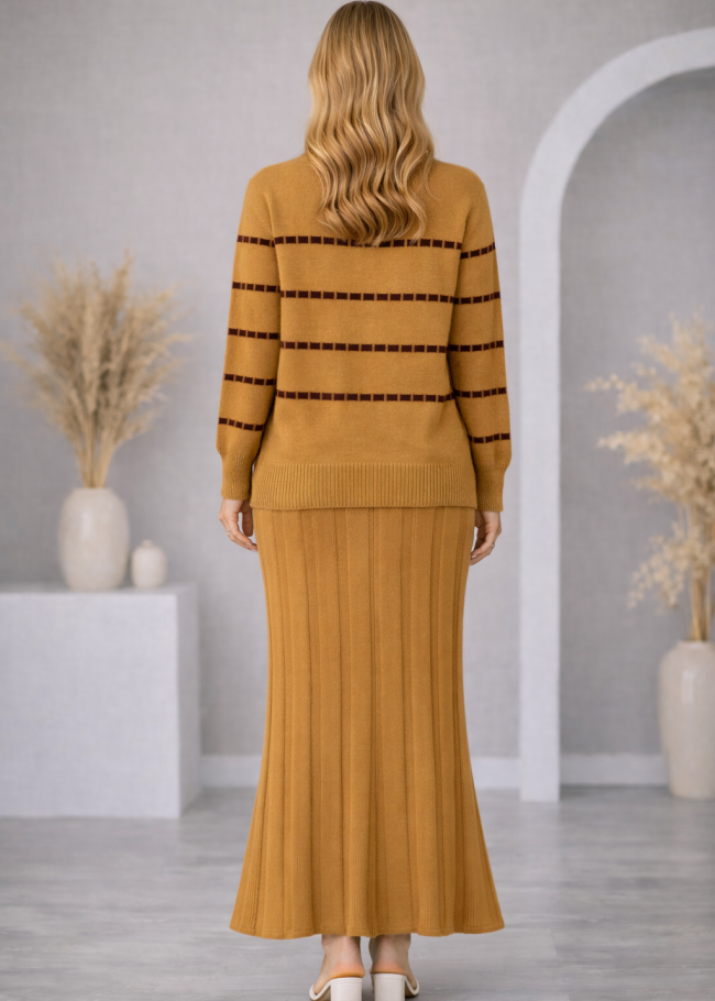 4211 فستان تريكو مربعات ياقة مدورة  - شوكو