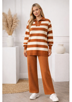 طقم تريكو مقلم 4212  - عسلي