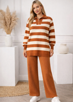 طقم تريكو مقلم 4212  - عسلي